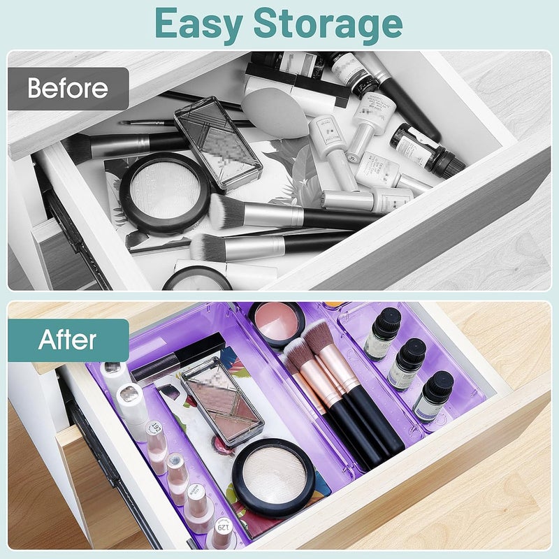 WOWBOX 25 PCS Plastic Drawer Organizer Set, Desk Drawer Divider Organizers and Storage Bins for Makeup, Jewelry, Gadgets for Kitchen, Bedroom, Bathroom, Office, Clear Purple - Image 4